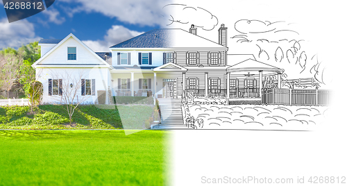 Image of House Blueprint Drawing Gradating Into Completed Photograph.