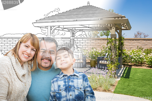 Image of Mixed Race Family In Front of Drawing Gradating Into Photo of Fi