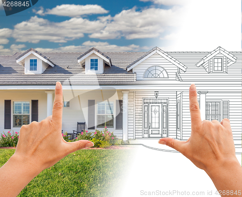 Image of Female Hands Framing House Drawing Gradating Into Photograph.