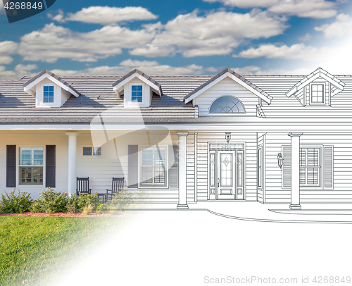 Image of House Blueprint Drawing Gradating Into Completed Photograph.