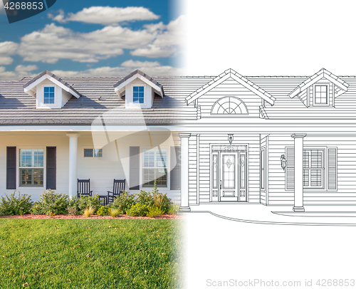 Image of House Blueprint Drawing Gradating Into Completed Photograph.