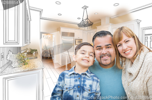 Image of Young Mixed Race Family Over Kitchen Drawing with Photo Combinat