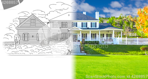 Image of House Blueprint Drawing Gradating Into Completed Photograph.