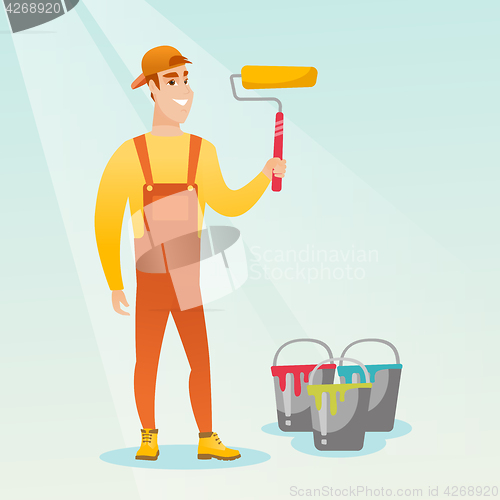 Image of Painter holding paint roller vector illustration.