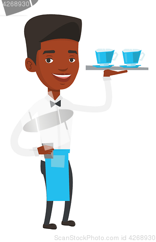 Image of Waiter holding tray with cups of coffeee or tea.