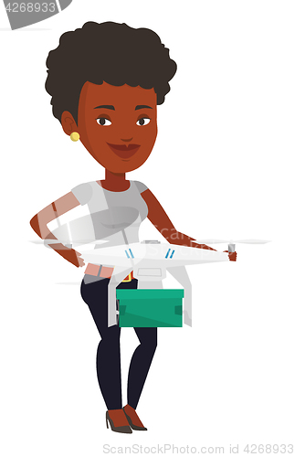 Image of Woman controlling delivery drone with post package