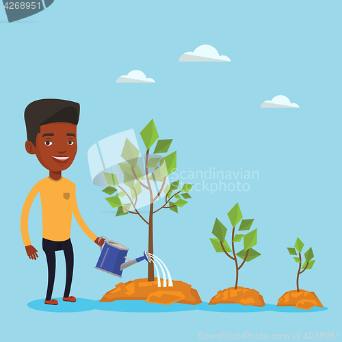 Image of Businessman watering trees vector illustration.