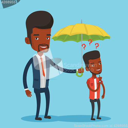 Image of Businessman holding umbrella over young man.