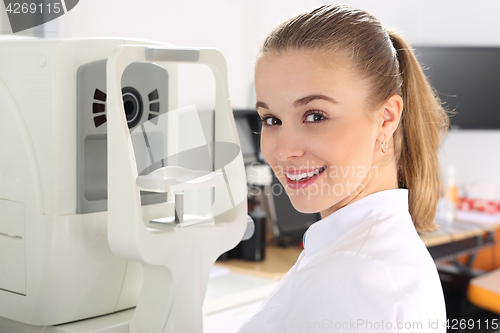 Image of Eye examination. Woman in ophthalmologist.