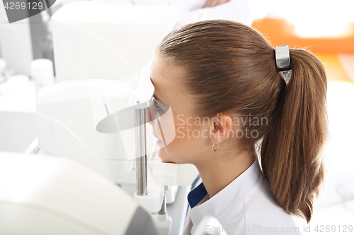 Image of Ophthalmologist, eye test computer. The pressure in the eye, the patient with an ophthalmologist