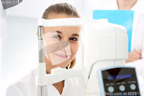 Image of The pressure in the eye, the patient with an ophthalmologist An eye exam, the patient in ophthalmology clinic