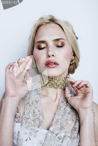 Image of young pretty blond woman in luxury jewelry, lifestyle rich people concept