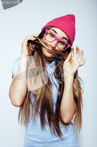 Image of young pretty stylish blond hipster girl posing emotional isolated on white background happy smiling cool smile, lifestyle people concept 
