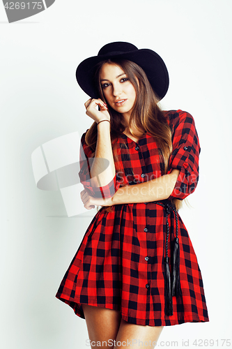Image of young pretty brunette girl hipster in hat on white background casual close up dreaming smiling. real american modern woman, lifestyle real people concept
