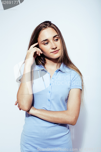 Image of young pretty stylish blond hipster girl posing emotional isolated on white background happy smiling cool smile, lifestyle people concept 