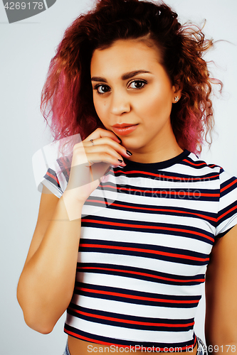 Image of young happy smiling latin american teenage girl emotional posing on white background, lifestyle people concept 