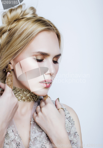 Image of young pretty blond woman in luxury jewelry, lifestyle rich people concept 