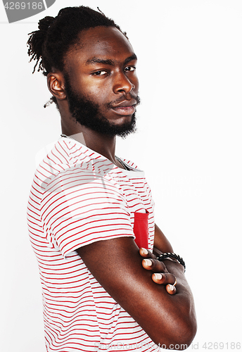 Image of young handsome afro american boy stylish hipster gesturing emotional isolated on white background smiling, people lifestyle concept