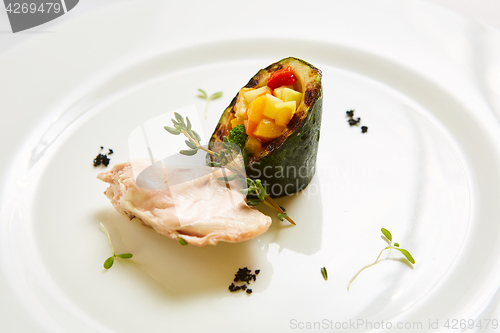 Image of Steamed chicken fillet and vegetables. Shallow dof.