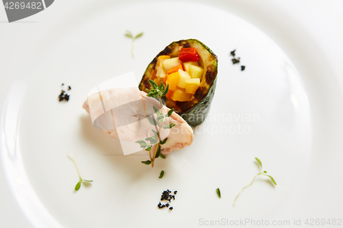 Image of Steamed chicken fillet and vegetables. Shallow dof.
