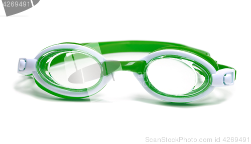 Image of Green goggles for swimming on white
