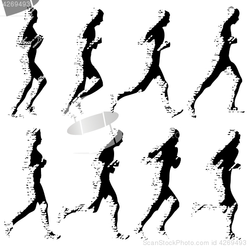 Image of Set of silhouettes. Runners on sprint, men and woman