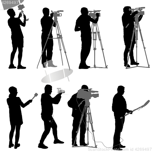 Image of Set cameraman with video camera. Silhouettes on white background