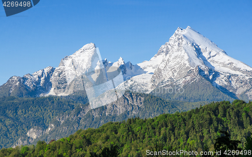 Image of Snowy mount peaks of Watzmann Mountain ridge in Bavarian Alps