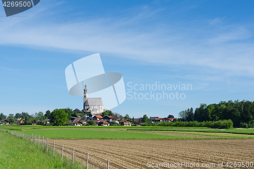 Image of Idyllic and pastoral landscape in Bavarian township Anger with o