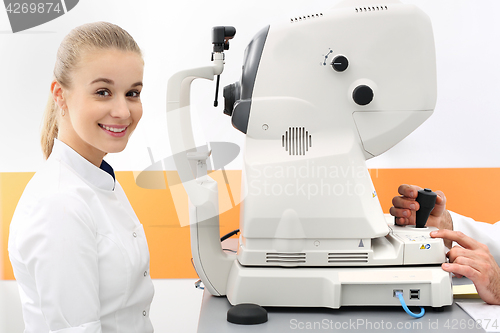 Image of An eye exam, the patient in ophthalmology clinic Healthy eyes, Cabinet ophthalmic eye examination