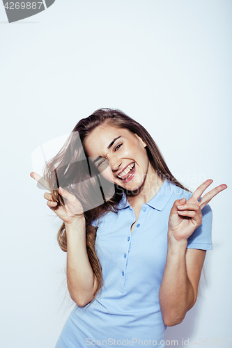 Image of young pretty stylish blond hipster girl posing emotional isolated on white background happy smiling cool smile, lifestyle people concept 