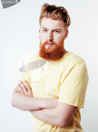 Image of young handsome hipster ginger bearded guy looking brutal isolated on white background, lifestyle people concept 