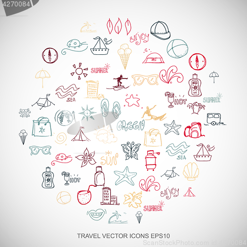 Image of Multicolor doodles Hand Drawn Vacation Icons set on White. EPS10 vector illustration.