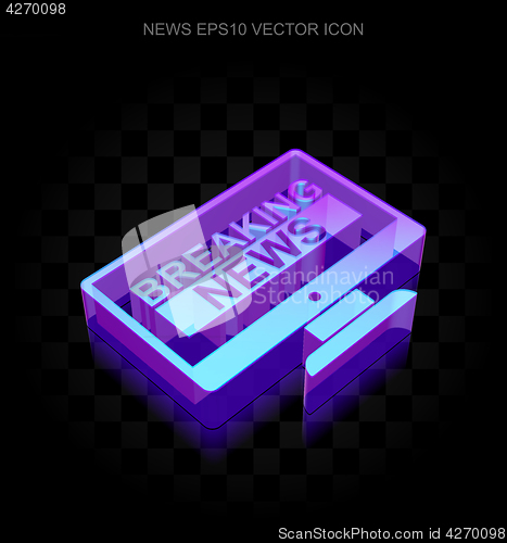 Image of News icon: 3d neon glowing Breaking News On Screen made of glass, EPS 10 vector.