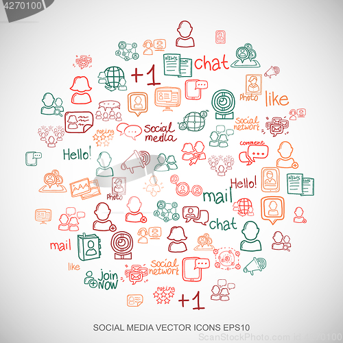 Image of Multicolor doodles Hand Drawn Social Network Icons set on White. EPS10 vector illustration.