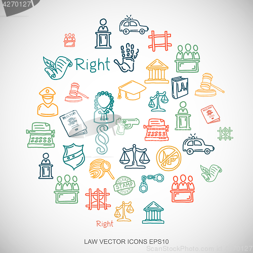 Image of Multicolor doodles Hand Drawn Law Icons set on White. EPS10 vector illustration.