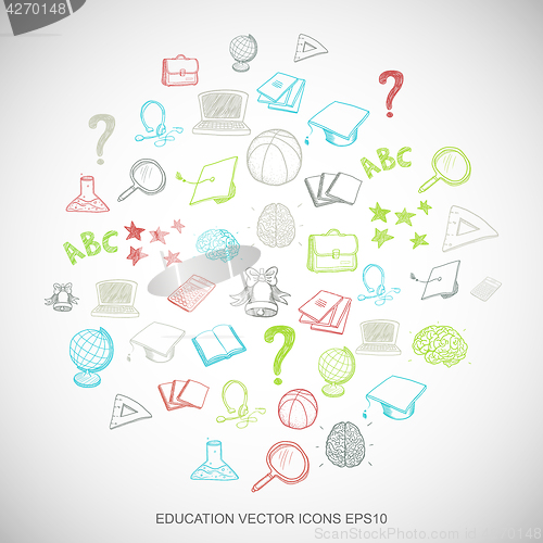 Image of Multicolor doodles Hand Drawn Education Icons set on White. EPS10 vector illustration.