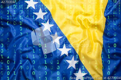 Image of Binary code with Bosnia and Herzegovina flag, data protection co