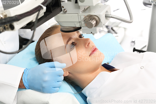 Image of Eye surgery. The operation to remove a cataract Eye clinic, ophthalmologist imposed on rubber gloves.