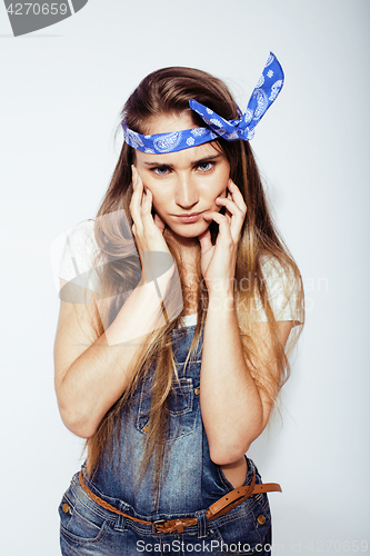 Image of young pretty stylish blond hipster girl posing emotional isolated on white background happy smiling cool smile, lifestyle people concept