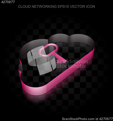 Image of Cloud computing icon: Crimson 3d Cloud With Key made of paper, transparent shadow, EPS 10 vector.
