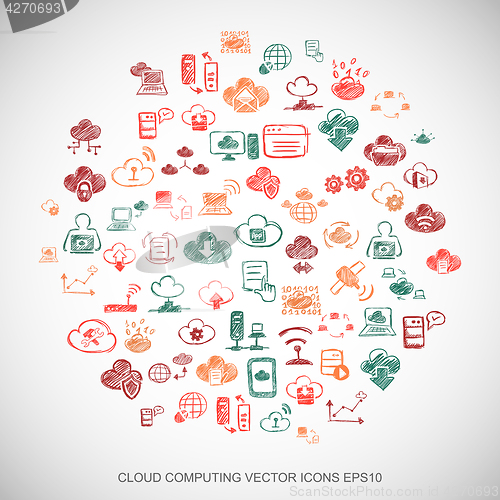 Image of Multicolor doodles Hand Drawn Cloud Technology Icons set on White. EPS10 vector illustration.