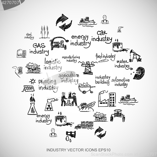 Image of Black doodles Hand Drawn Industry Icons set on White. EPS10 vector illustration.