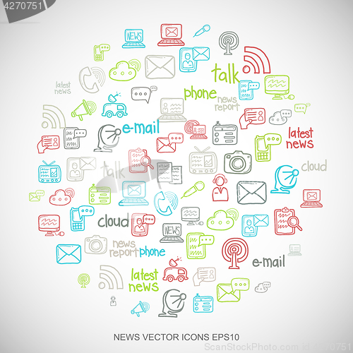 Image of Multicolor doodles Hand Drawn News Icons set on White. EPS10 vector illustration.