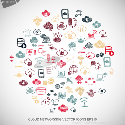 Image of Multicolor doodles Hand Drawn Cloud Technology Icons set on White. EPS10 vector illustration.