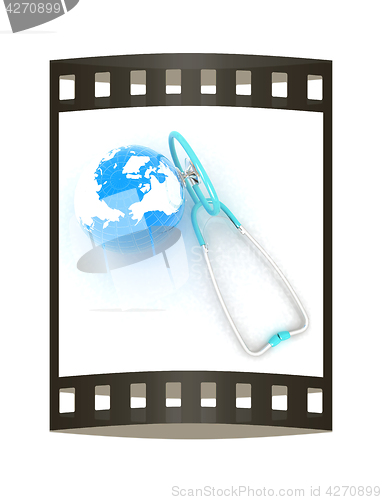 Image of Stethoscope and Earth.3d illustration. The film strip