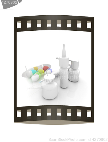 Image of Syringe, tablet, pill jar. 3D illustration. The film strip