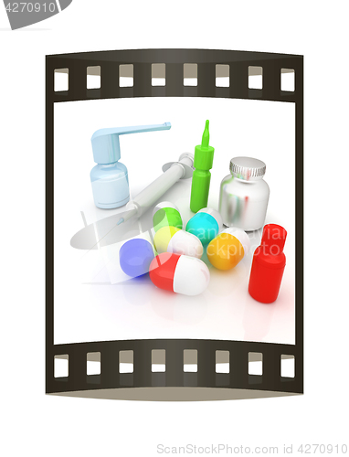 Image of Syringe, tablet, pill jar. 3D illustration. The film strip