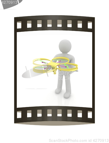 Image of 3d man with drone, quadrocopter, with photo camera. 3d render. 3