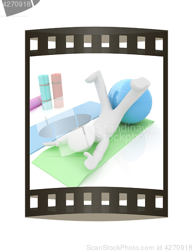 Image of 3d man on a karemat with fitness ball. 3D illustration. The film